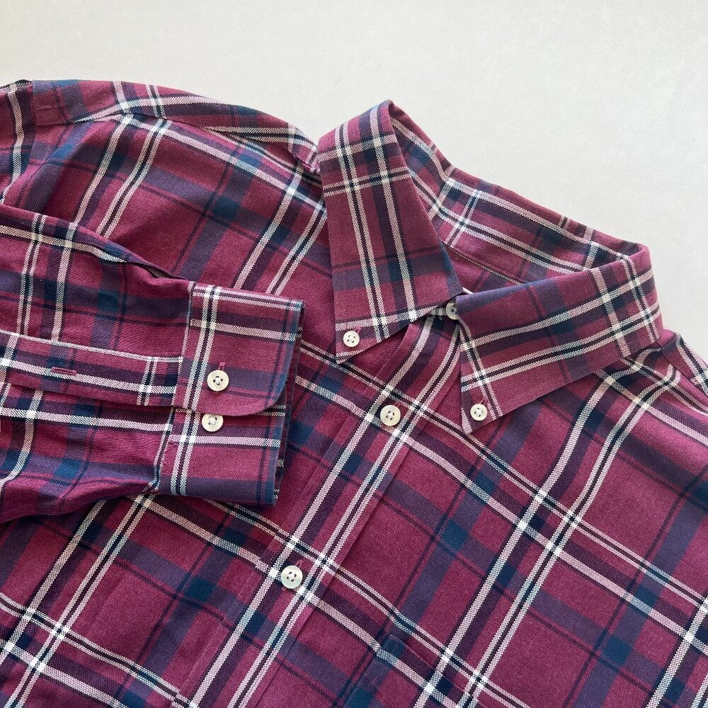 Brooks Brothers Madison Men's Wine Red and Navy Blue Plaid Long Sleeve Shirt XL